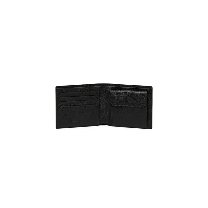 Santoni Black Saffiano Leather Wallet With Coin Pocket MenWomen Small Leather Goods
