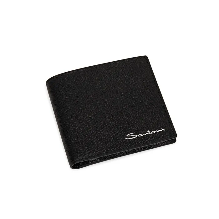 Santoni Black Saffiano Leather Wallet With Coin Pocket MenWomen Small Leather Goods