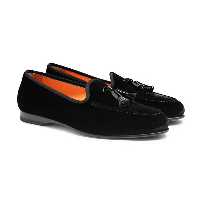 Santoni Black Velvet Andrea Tassel Loafer Men Loafers