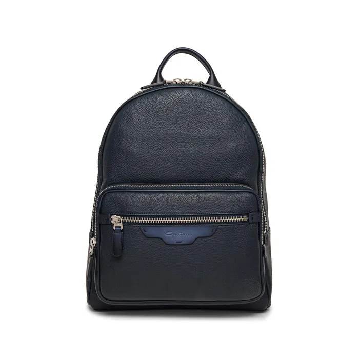 Santoni Blue Tumbled Leather Backpack Men Bags and Backpacks