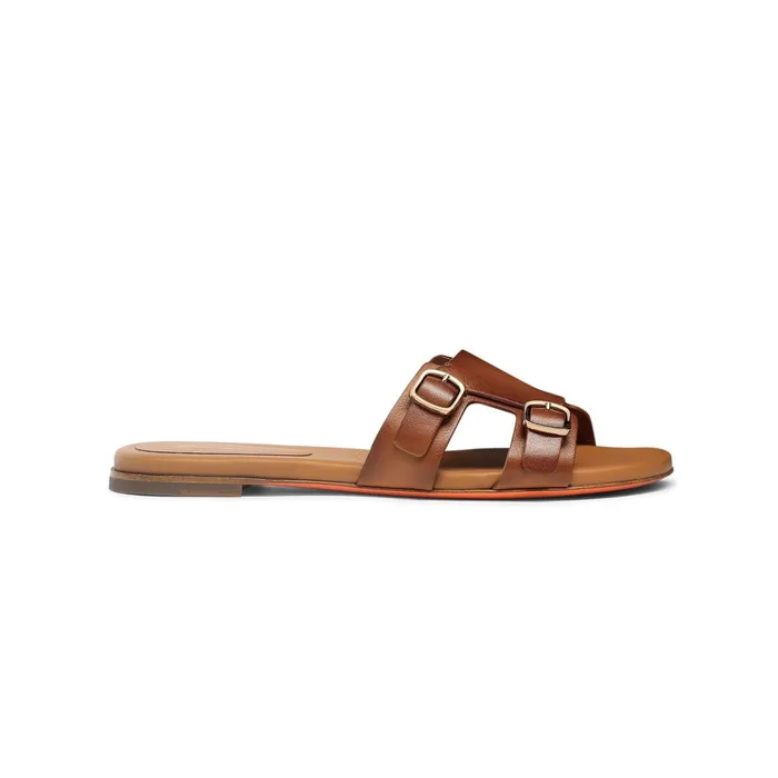 Santoni Brown Leather DoubleBuckle Didi Slide Sandal Women Sandals