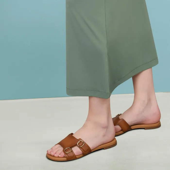 Santoni Brown Leather DoubleBuckle Didi Slide Sandal Women Sandals