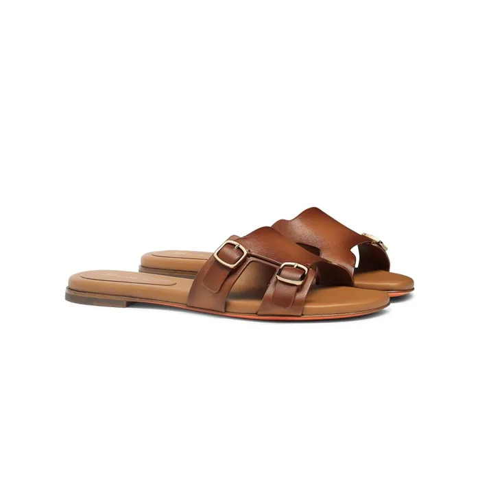 Santoni Brown Leather DoubleBuckle Didi Slide Sandal Women Sandals