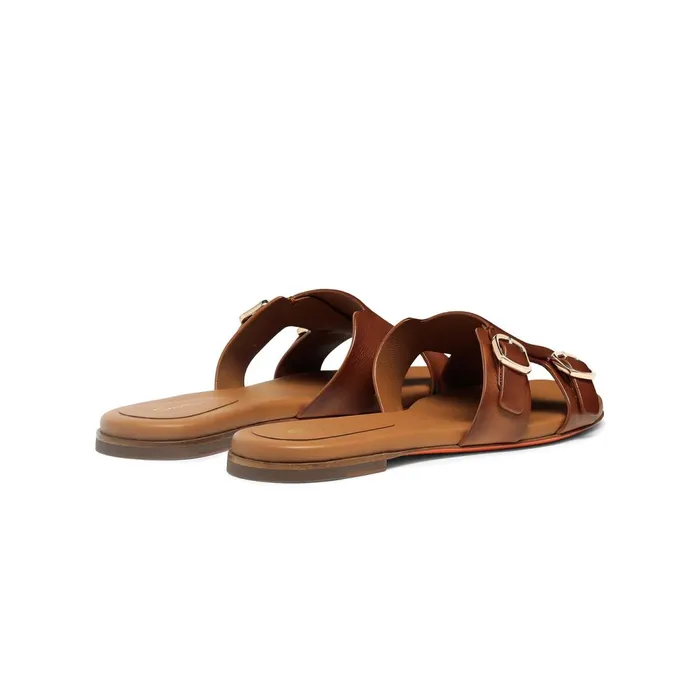 Santoni Brown Leather DoubleBuckle Didi Slide Sandal Women Sandals