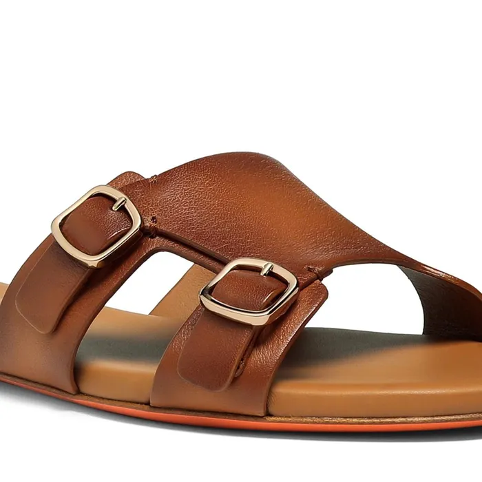 Santoni Brown Leather DoubleBuckle Didi Slide Sandal Women Sandals