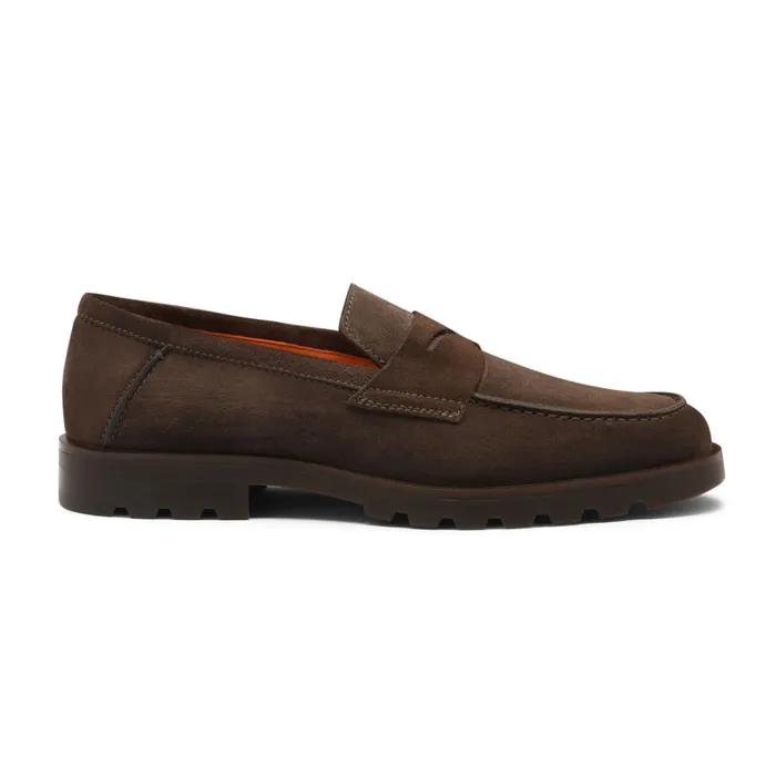 Santoni Dark Brown Suede Penny Loafer Men Loafers