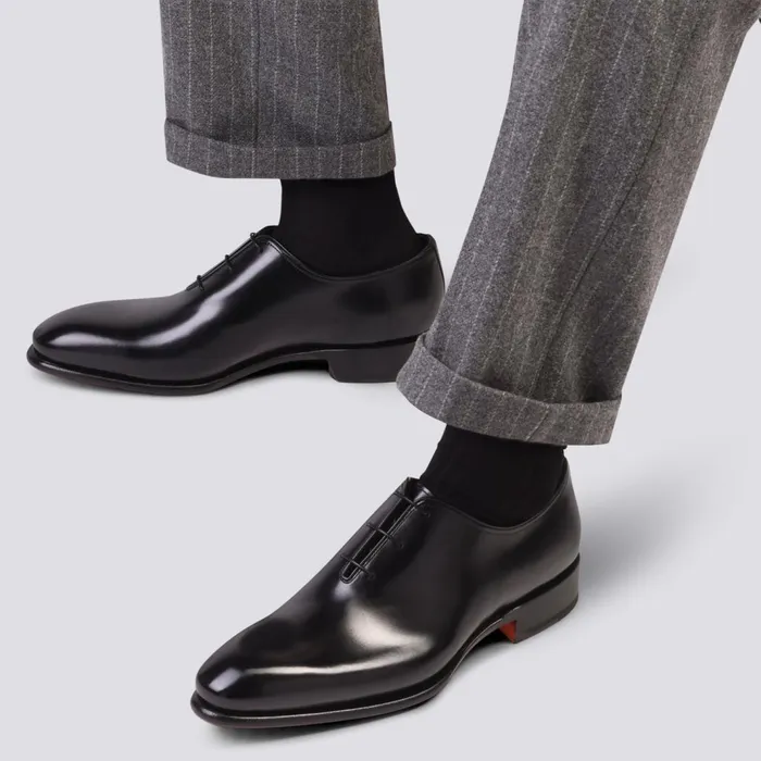 Santoni Polished Black Leather Oxford Shoe Men LaceUps