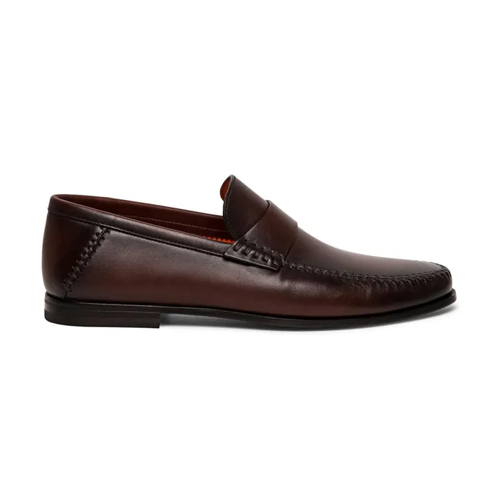 Santoni Polished Brown Leather Penny Loafer Men Loafers
