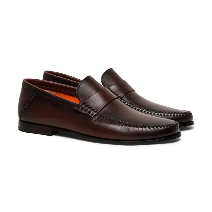 Santoni Polished Brown Leather Penny Loafer Men Loafers