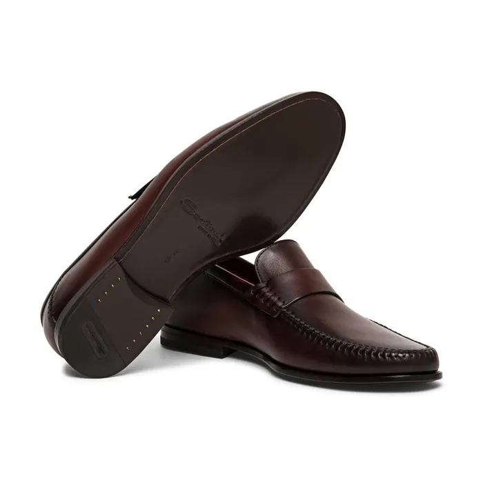 Santoni Polished Brown Leather Penny Loafer Men Loafers