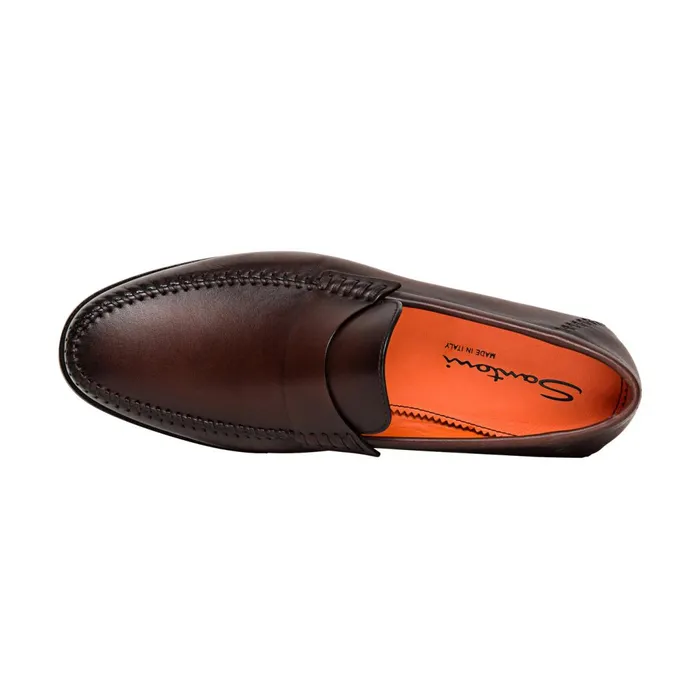 Santoni Polished Brown Leather Penny Loafer Men Loafers