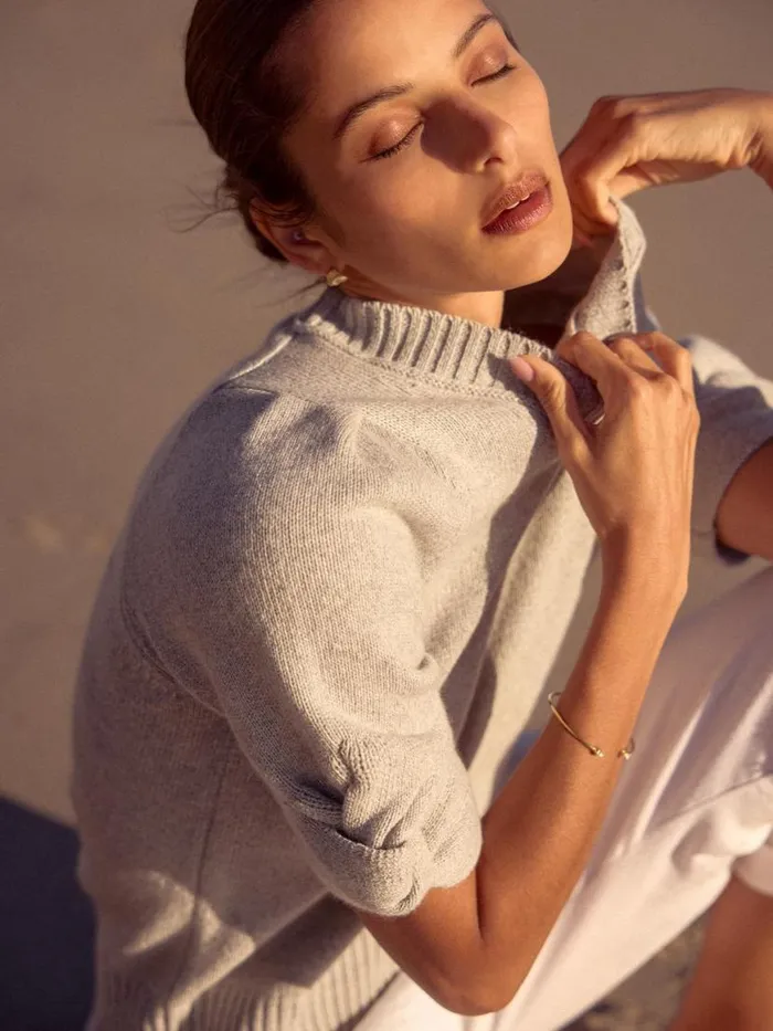 Shop Brochu Walker Looker Sweaters The Emmet Knot Sleeve Looker Oyster Grey Melange With White