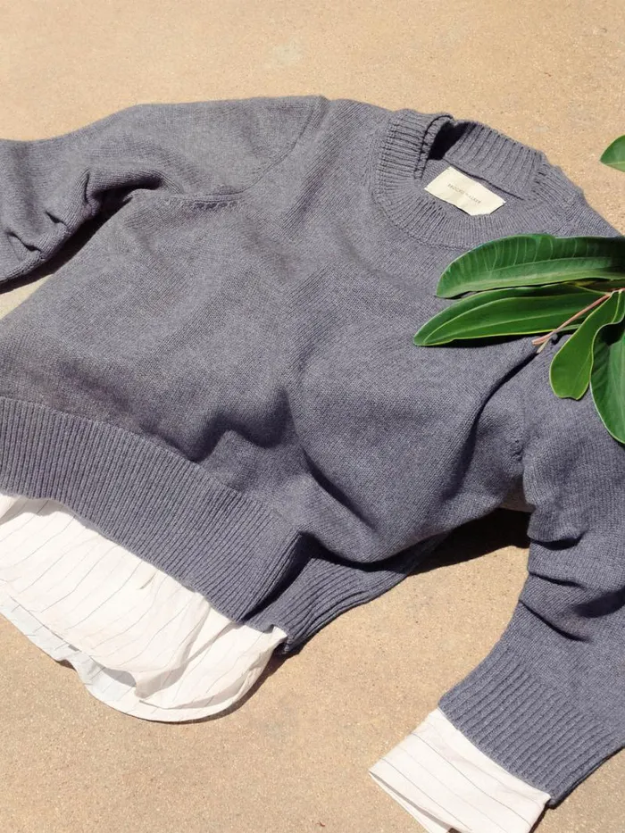 Shop Brochu Walker Looker Sweaters The Raya Ruched Crew Looker Slate Blue Mlange W Stripe