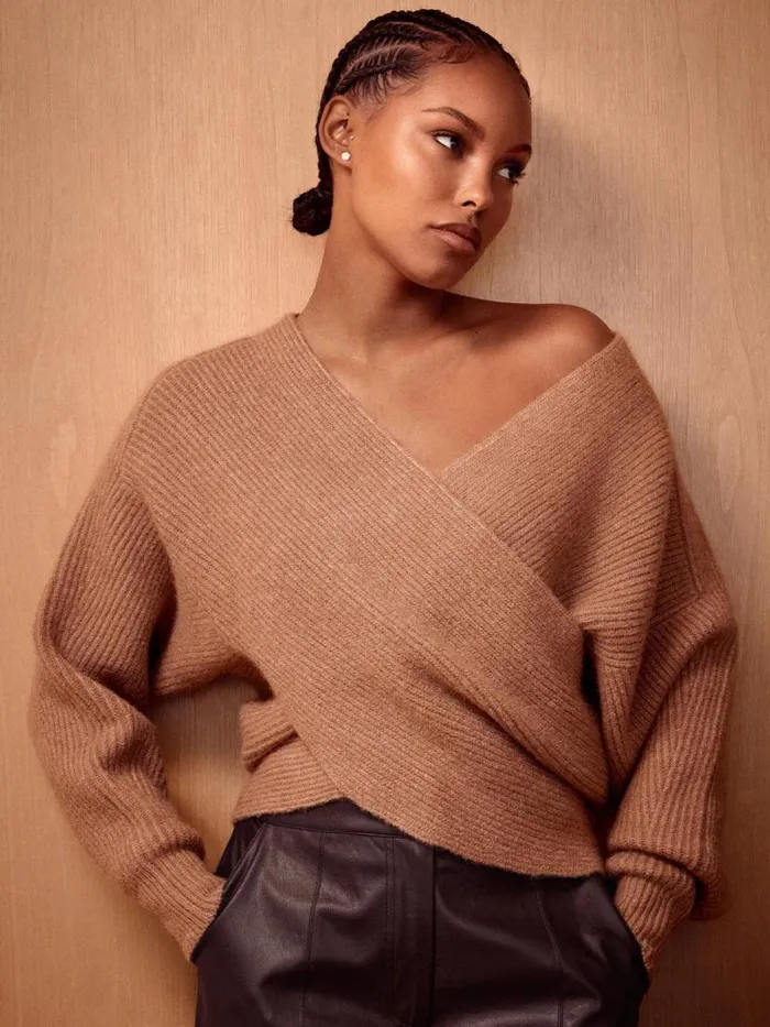 Shop Brochu Walker Sweaters The Hughes Wrap Front Sweater Camel Mlange