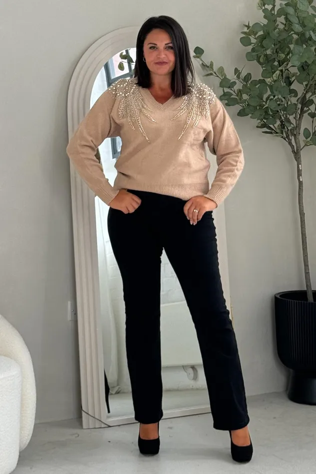 Sia Camel Knit With Pearl and Sequin Wing Detail Jumper Women Girl In Mind Knitwear
