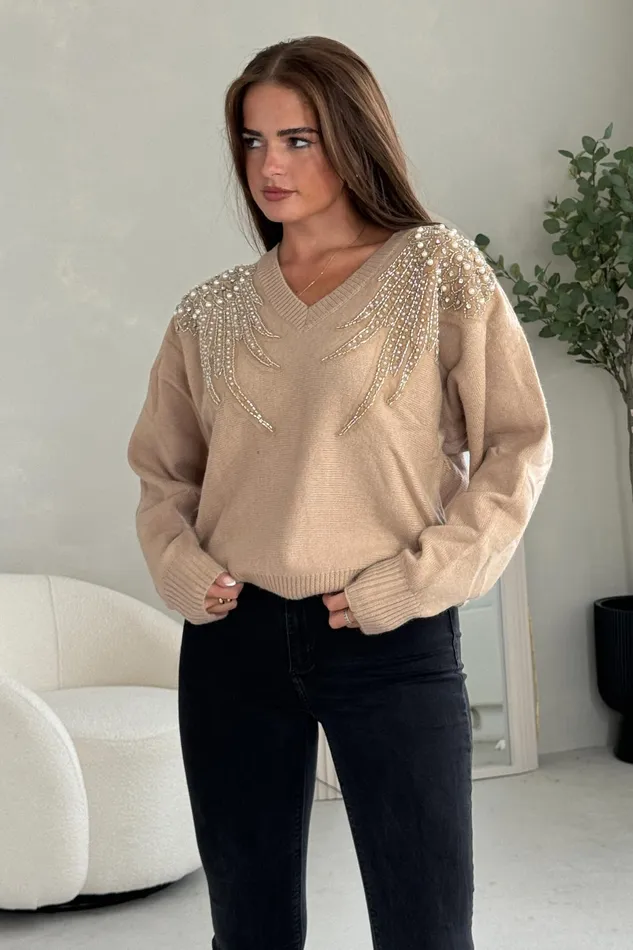 Sia Camel Knit With Pearl and Sequin Wing Detail Jumper Women Girl In Mind Knitwear Sia Camel Knit With Pearl and Sequin Wing Detail Jumper Women Girl In Mind Knitwear