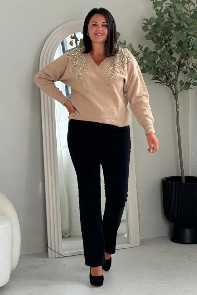 Sia Camel Knit With Pearl and Sequin Wing Detail Jumper Women Girl In Mind Knitwear Sia Camel Knit With Pearl and Sequin Wing Detail Jumper Women Girl In Mind Knitwear