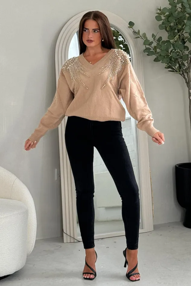 Sia Camel Knit With Pearl and Sequin Wing Detail Jumper Women Girl In Mind Knitwear Sia Camel Knit With Pearl and Sequin Wing Detail Jumper Women Girl In Mind Knitwear