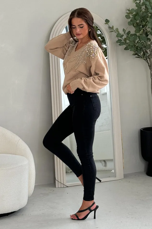 Sia Camel Knit With Pearl and Sequin Wing Detail Jumper Women Girl In Mind Knitwear Sia Camel Knit With Pearl and Sequin Wing Detail Jumper Women Girl In Mind Knitwear