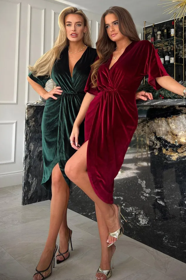 Siena Emerald Velvet Wrap Detailing Midi Dress Women Girl In Mind Wrap Dresses