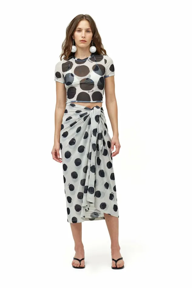 Simon Miller Prints Women Mesh Rolled Baby Tee Macadamia Black Dot Print