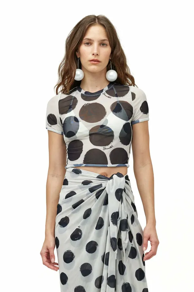Simon Miller Prints Women Mesh Rolled Baby Tee Macadamia Black Dot Print