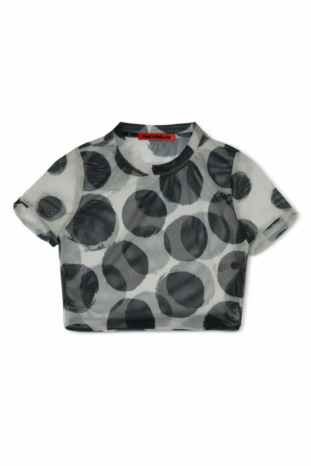 Simon Miller Prints Women Mesh Rolled Baby Tee Macadamia Black Dot Print