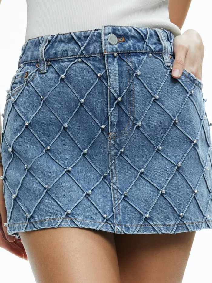 Skirts Women Alice Olivia JOSS HIGH RISE QUILTED EMBELLISHED MINI SKIRT Light Indigo