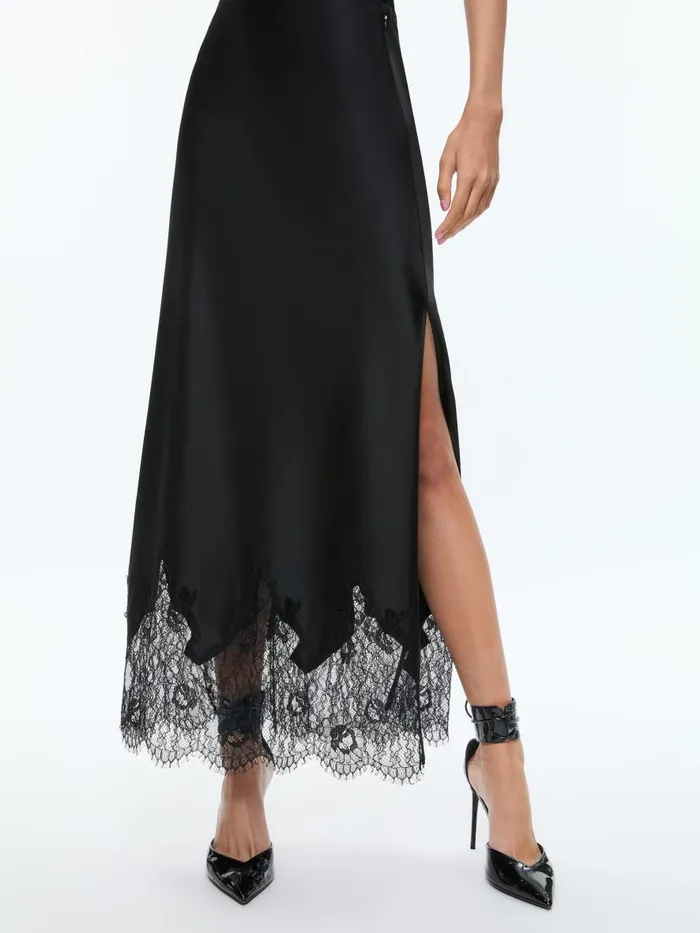 Skirts Women Alice Olivia MAEVE MAXI SLIP SKIRT WITH LACE TRIM Black