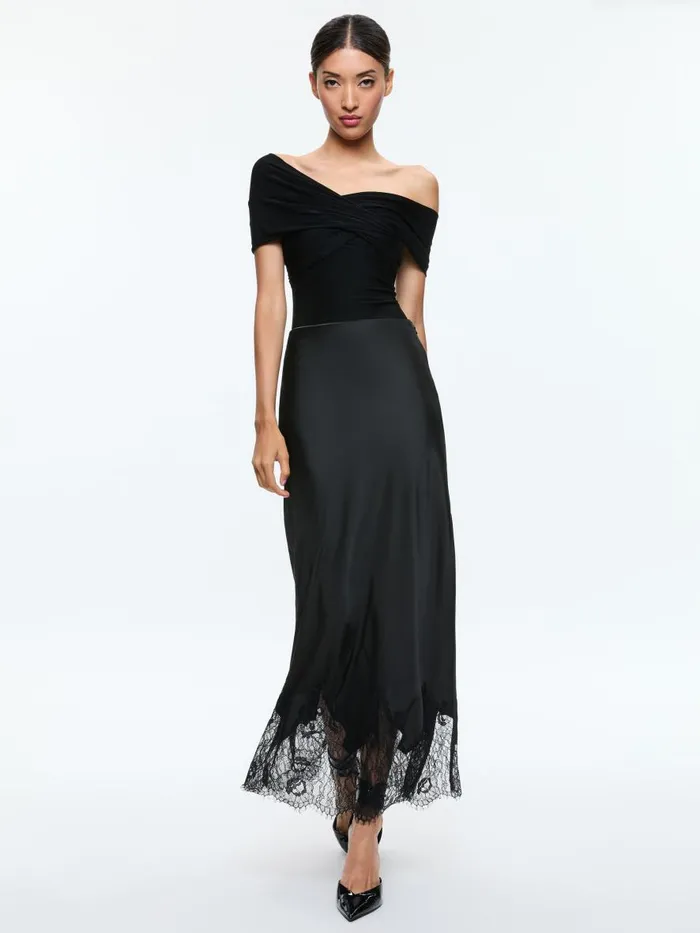 Skirts Women Alice Olivia MAEVE MAXI SLIP SKIRT WITH LACE TRIM Black