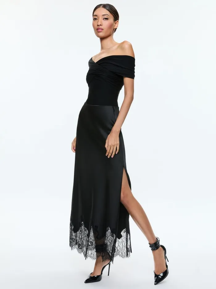 Skirts Women Alice Olivia MAEVE MAXI SLIP SKIRT WITH LACE TRIM Black