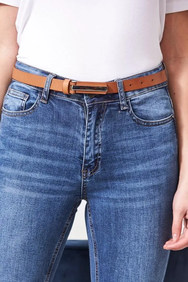 Sosandar Bags and Belts Women Tan Leather Slim Waist Belt With Silver Clasp Silver