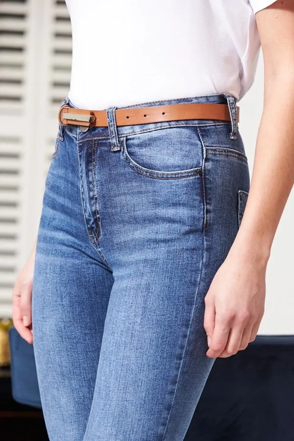 Sosandar Bags and Belts Women Tan Leather Slim Waist Belt With Silver Clasp Silver