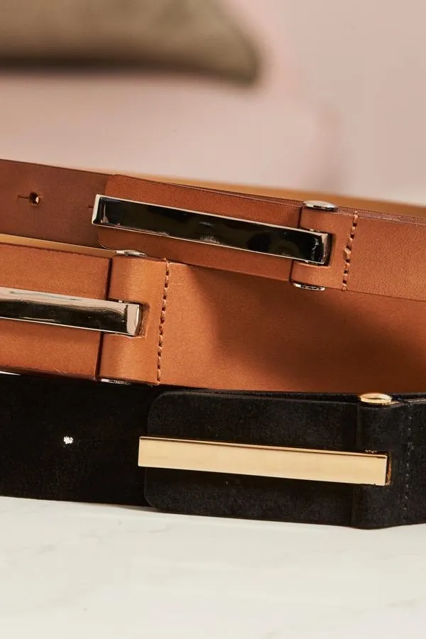 Sosandar Bags and Belts Women Tan Leather Slim Waist Belt With Silver Clasp Silver