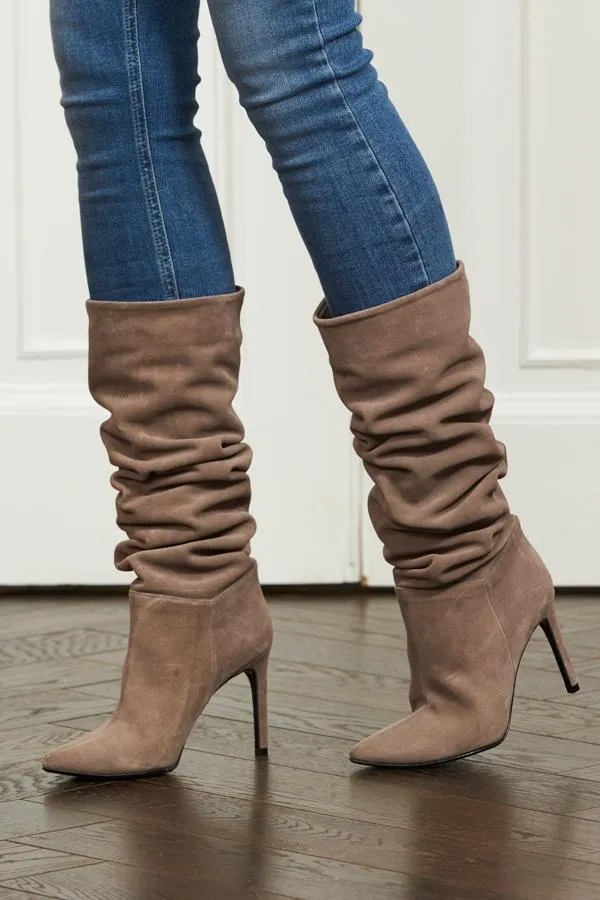 Sosandar Boots Women Belle Taupe Suede Heeled Slouch High Leg Boot