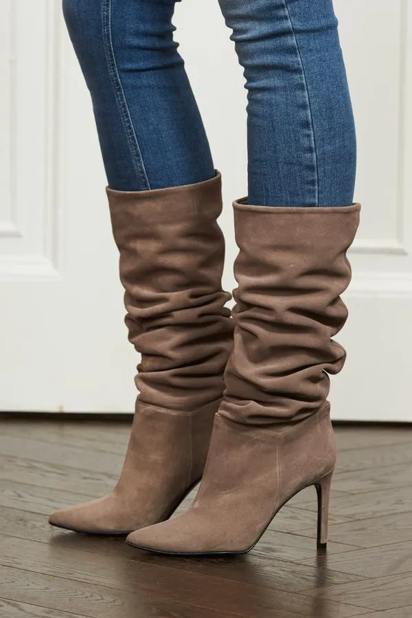 Sosandar Boots Women Belle Taupe Suede Heeled Slouch High Leg Boot