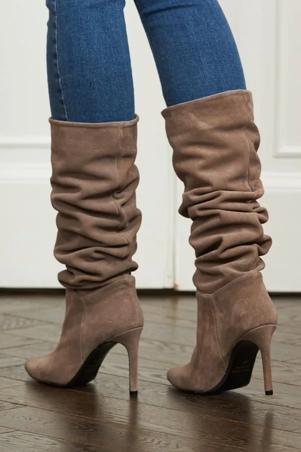 Sosandar Boots Women Belle Taupe Suede Heeled Slouch High Leg Boot