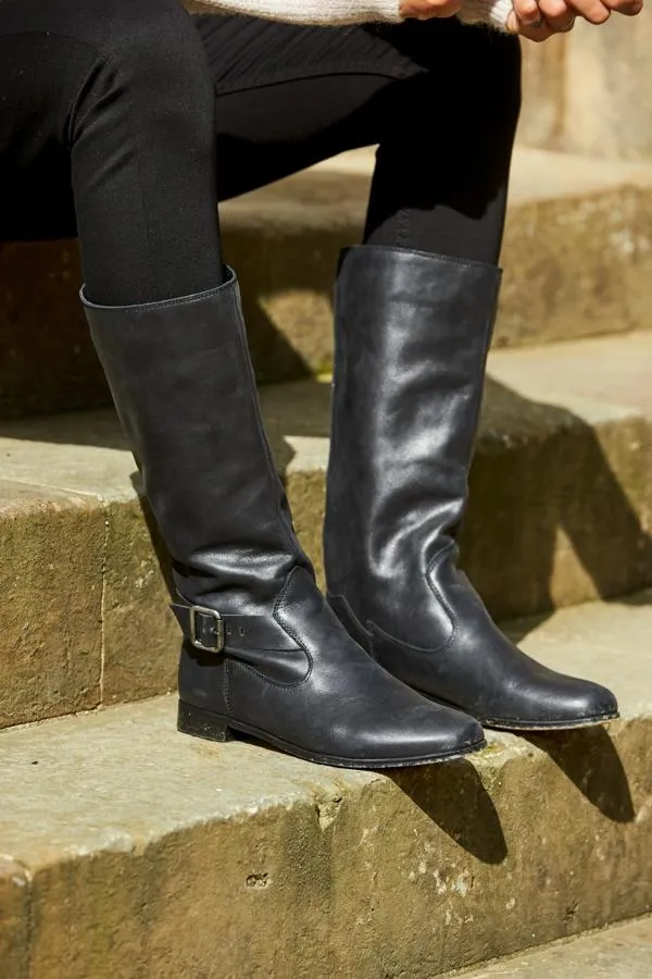 Sosandar Boots Women Houston Black Buckle Detail Flat Leather Boot Black