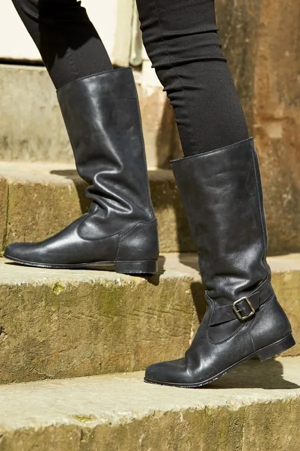 Sosandar Boots Women Houston Black Buckle Detail Flat Leather Boot Black
