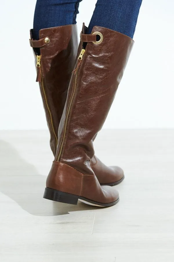 Sosandar Boots Women Mimi Brown Loop Back Flat Leather Boot Brown