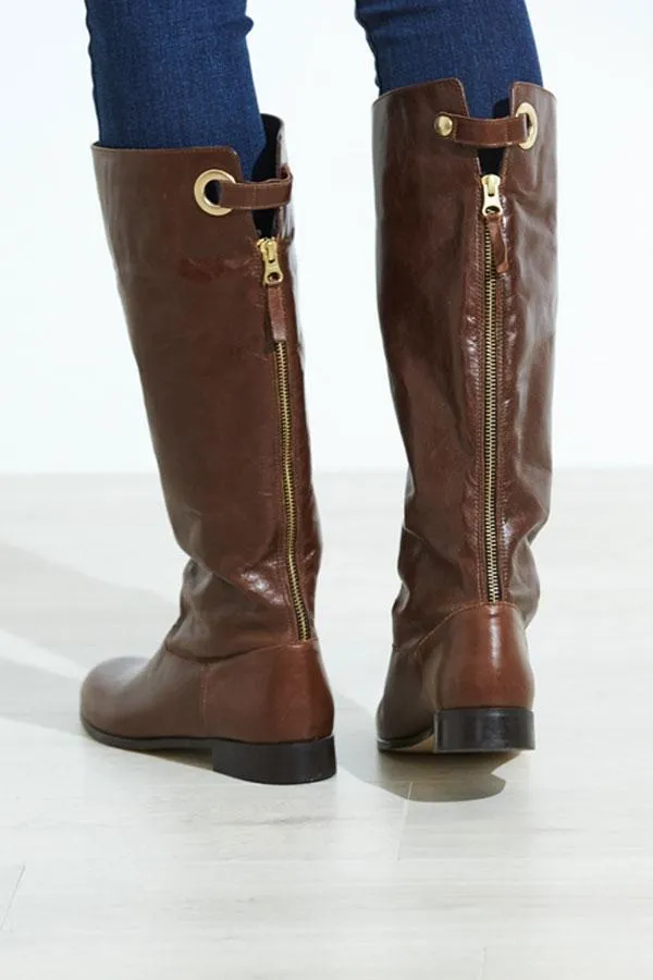 Sosandar Boots Women Mimi Brown Loop Back Flat Leather Boot Brown
