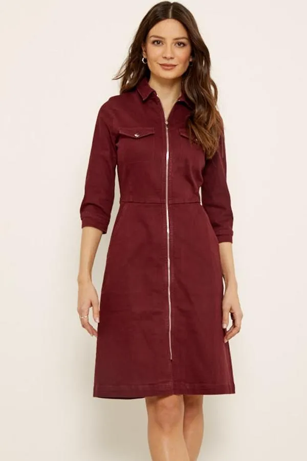 Sosandar Dresses Women Berry Red Zip Front Collared Denim Dress With Pockets