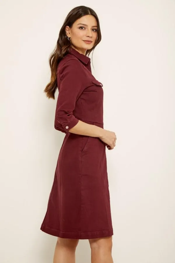 Sosandar Dresses Women Berry Red Zip Front Collared Denim Dress With Pockets