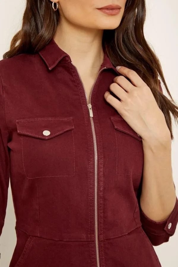 Sosandar Dresses Women Berry Red Zip Front Collared Denim Dress With Pockets