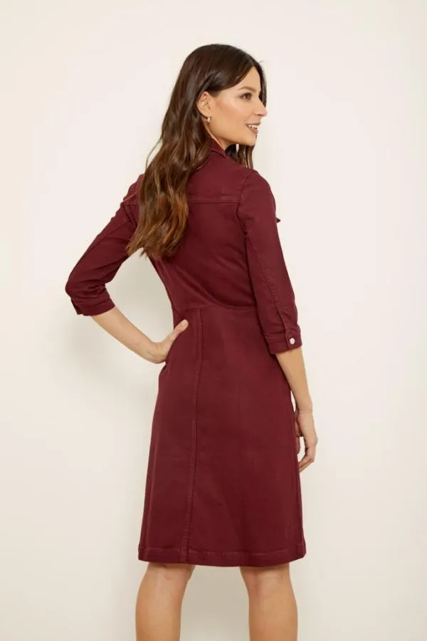 Sosandar Dresses Women Berry Red Zip Front Collared Denim Dress With Pockets
