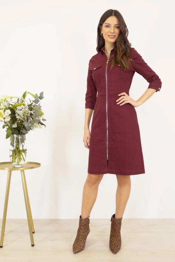 Sosandar Dresses Women Berry Red Zip Front Collared Denim Dress With Pockets