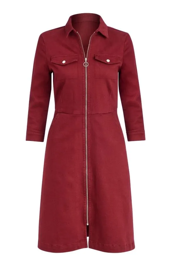 Sosandar Dresses Women Berry Red Zip Front Collared Denim Dress With Pockets