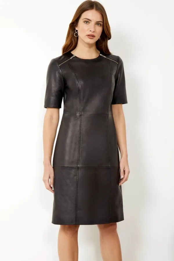 Sosandar Dresses Women Black Leather Zip Detail Shift Dress Black