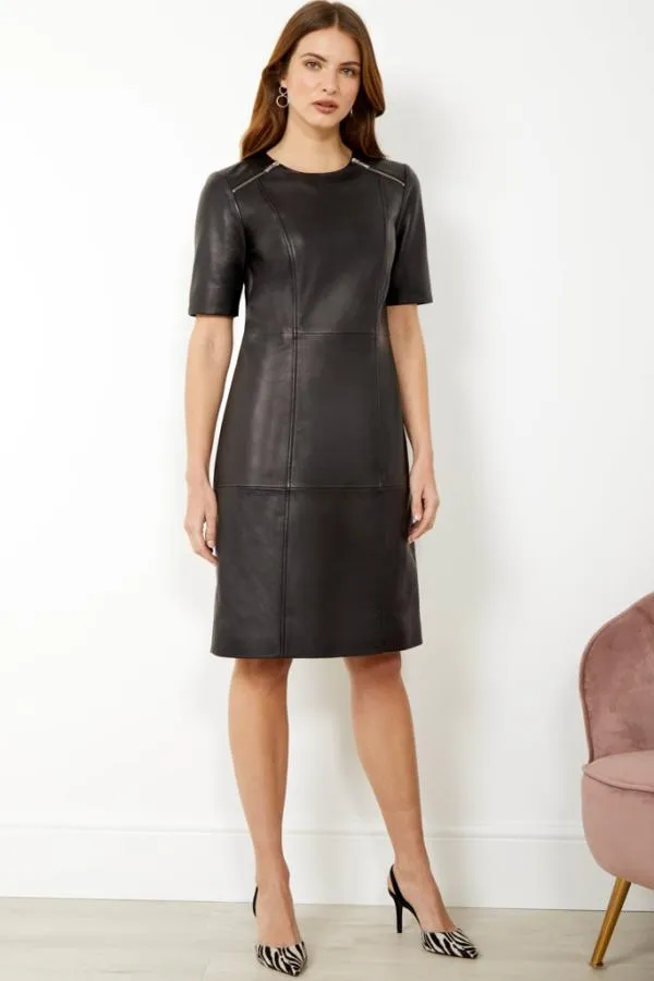 Sosandar Dresses Women Black Leather Zip Detail Shift Dress Black