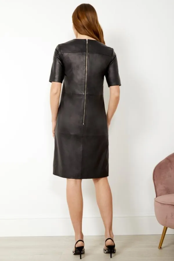 Sosandar Dresses Women Black Leather Zip Detail Shift Dress Black